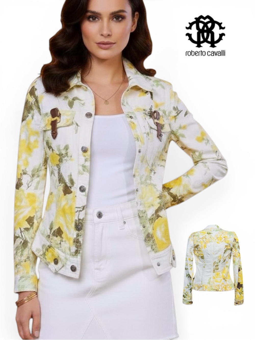 Rare Roberto Cavalli Y2K White Denim Jacket Yellow & Gold Floral Print - Size 40